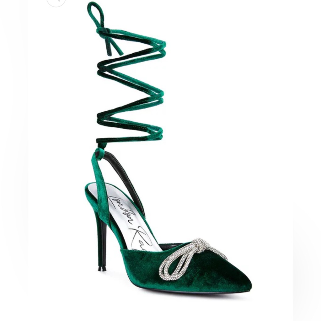 Emerald Green Velvet Lace-Up Crystal Bow Stiletto Heels
